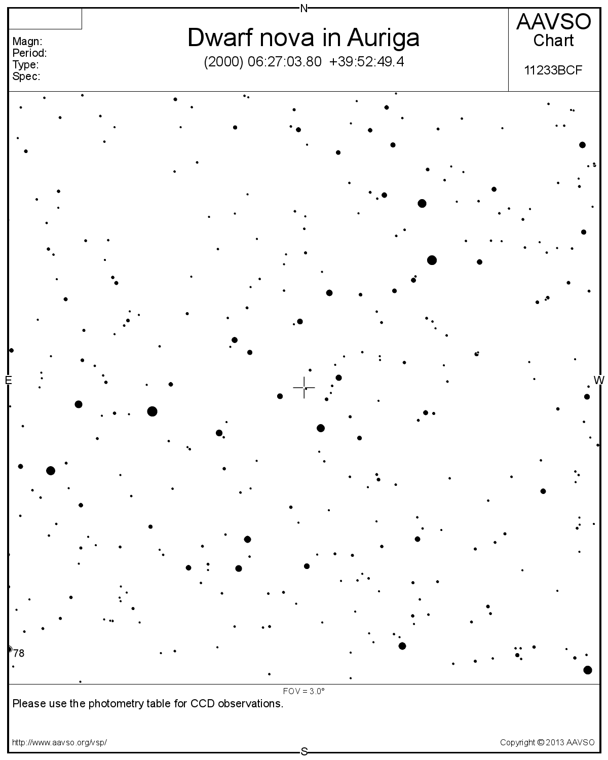 Nya dvärgnovan i Auriga. 3x3 grader.
