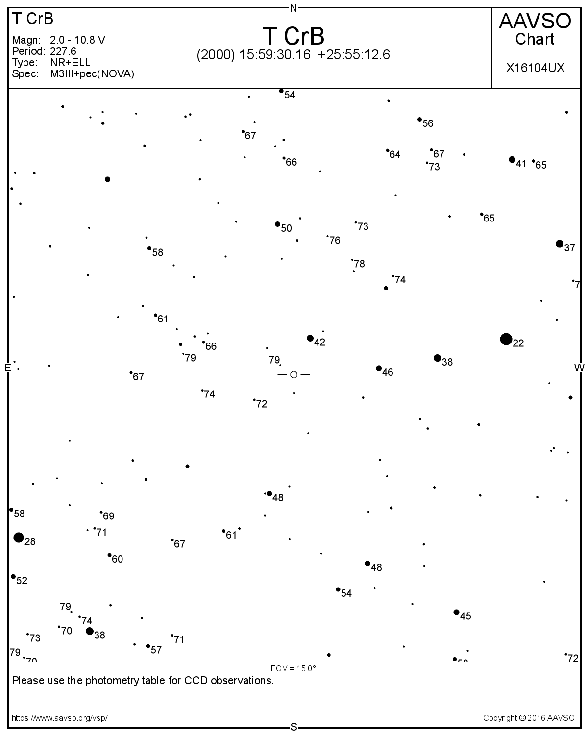 T CrB. Översiktskarta 15x15 grader. AAVSO.