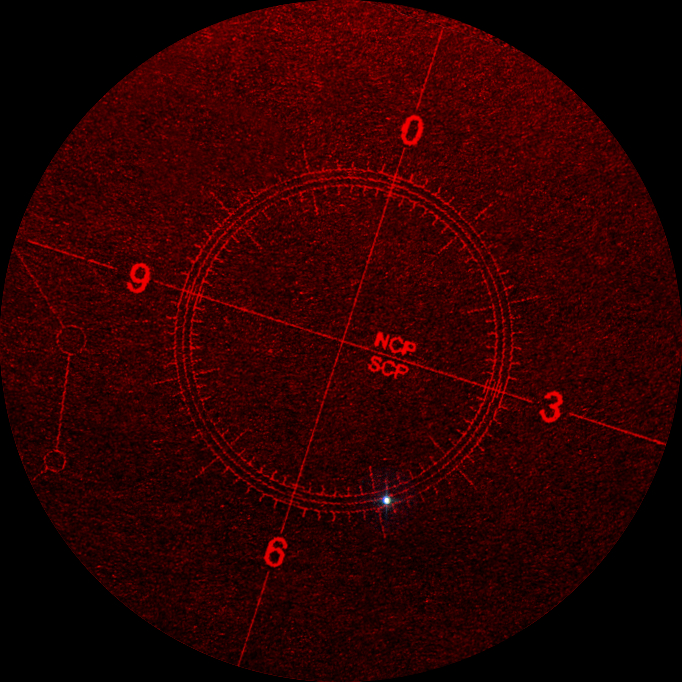 Bild 7. Vy genom polsökaren färdig polinställning, teleskopet pekande på himmelsobjektet (M42 i detta fall)